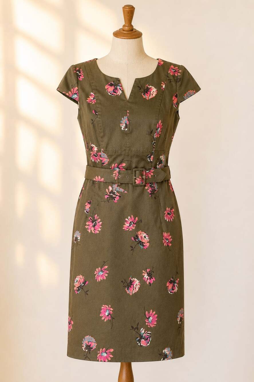 Boden US 10 Olive Floral Sheath Dress Belted Work Office Cottagecore Cotton